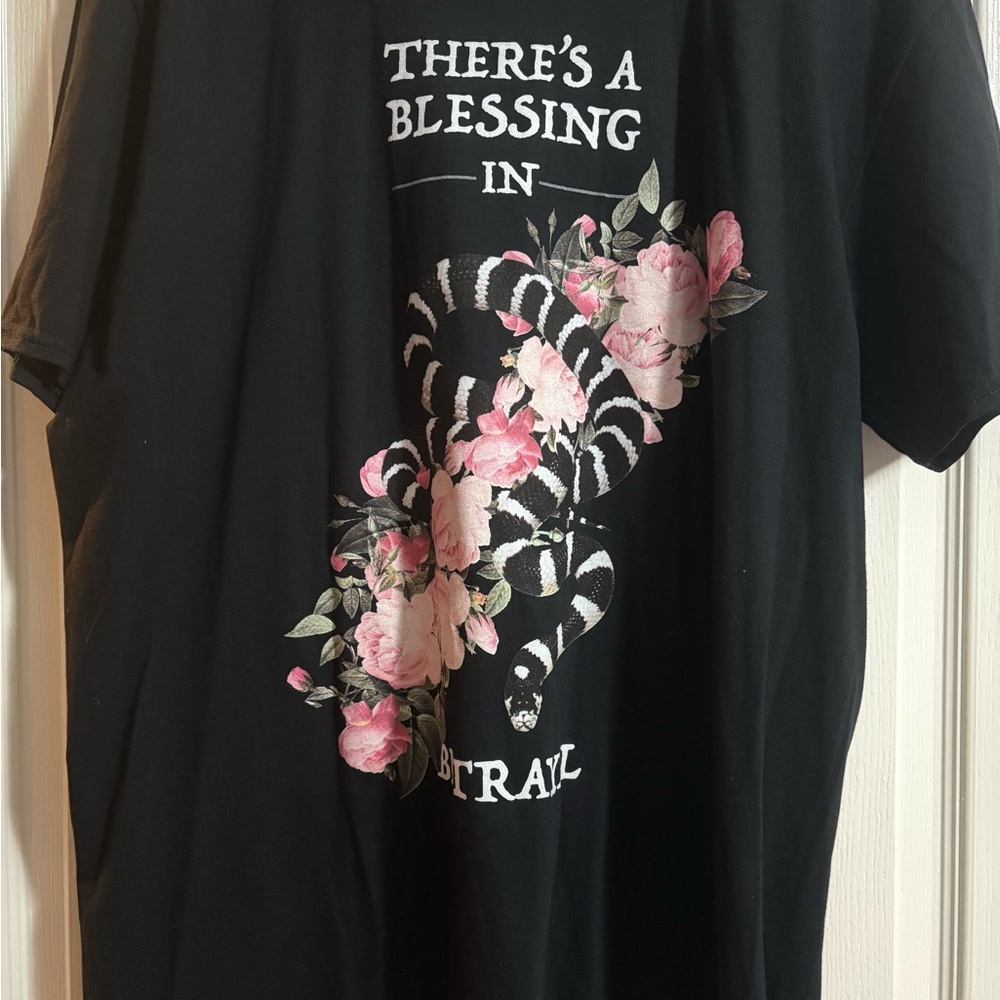 Black “Betrayal” Tee with Pink Snake Design in XL